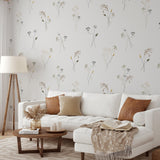 "Prairie Wallpaper by Wall Blush, elegant botanical design in a cozy living room setup with neutral furniture."