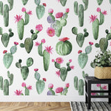 Prickly Princess Wallpaper by Wall Blush featured in a stylish living room, with vibrant cactus designs.
