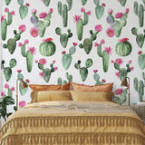 Wall Blush Prickly Princess Wallpaper in a cozy bedroom highlighting botanical design and vibrant colors.
