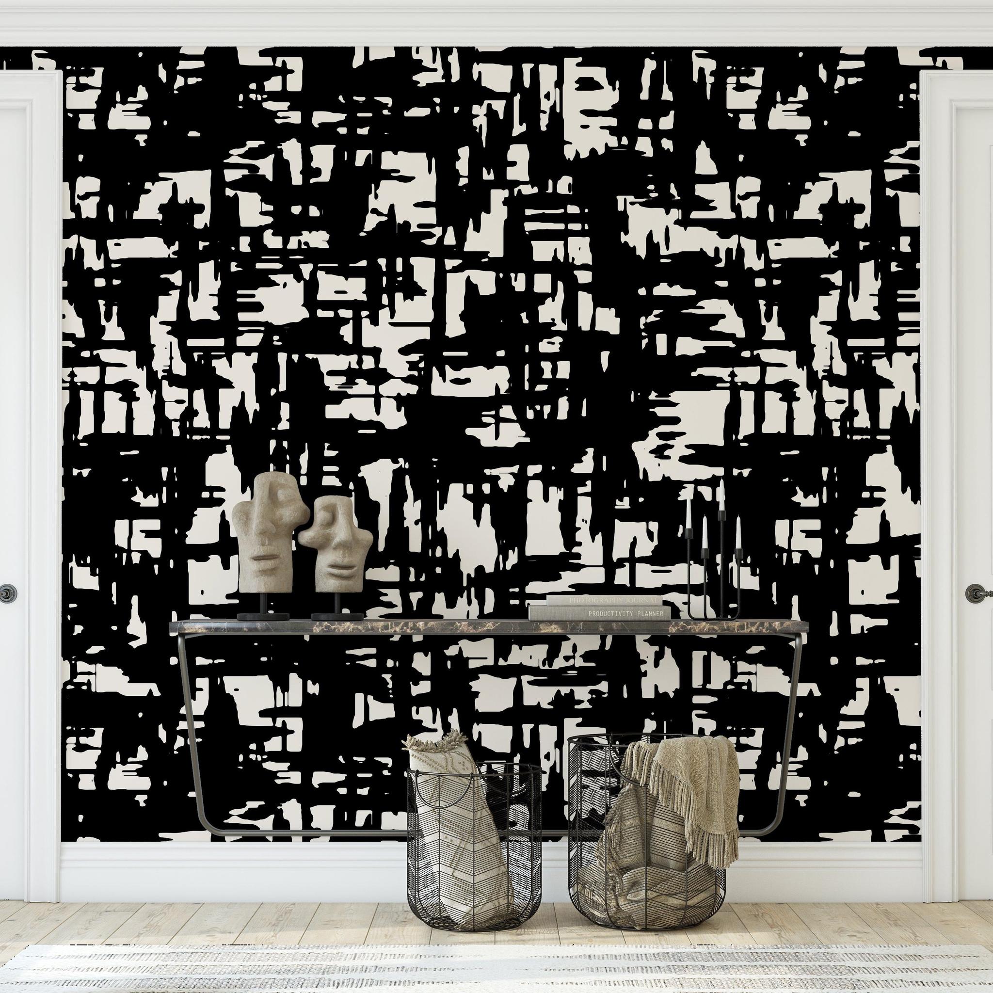 Mirage Wallpaper by The Stefanie Bloom Line, abstract design featured in modern living room setting.
