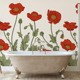 Wall Blush SG02 Poppy Lane Wallpaper in a well-lit bathroom with a freestanding bathtub, emphasizing the floral design.
