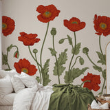 Alt: Poppy Lane Wallpaper by Wall Blush SG02 engulfing a cozy bedroom's wall, highlighting vibrant floral patterns.
