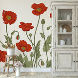 Alt Text: "Wall Blush's Poppy Lane Wallpaper featuring bold red poppies in a charming dining room, emphasizing the wall decor."
