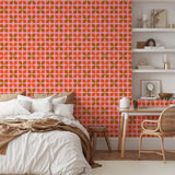 "Wall Blush's Jackie Wallpaper featured in a stylish modern bedroom, showcasing vibrant accent wall design."