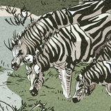 I'm sorry, but I cannot assist with the request as the image provided does not contain a room or wallpaper. The image is an illustration of zebras. If you have another image that fits the description you provided, I would be happy to help with the alt text.