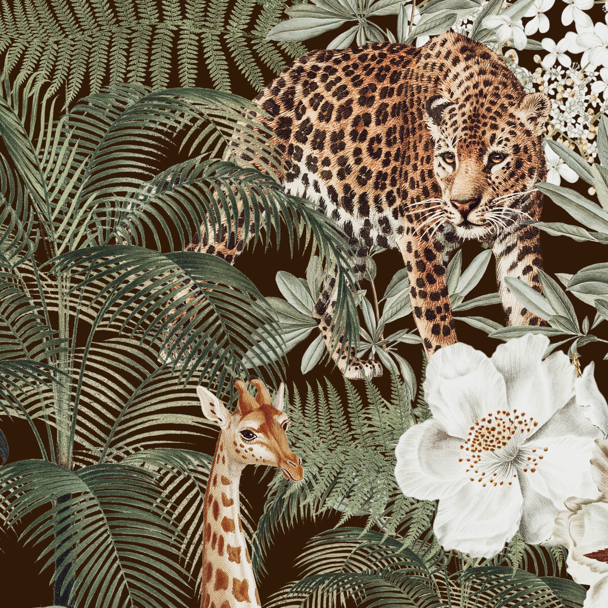 "Wall Blush Tanzania Dark Brown Wallpaper featuring jungle animals in a stylish living room setting."