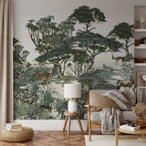 "Eliza Wallpaper by Wall Blush featuring jungle theme in a stylish living room, highlighting vibrant design details."