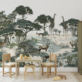Eliza Wallpaper from Wall Blush SG02 featuring safari theme in a stylish children's room, with focus on the vibrant wall design.
