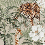 "Tanzania (Tan) Wallpaper from Wall Blush, featuring exotic wildlife design in a living room setting."
