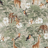 "Wall Blush's Tanzania Tan Wallpaper featuring a jungle motif in a living room setting, highlighting lush flora and fauna."