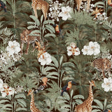 "Wall Blush Tanzania Dark Brown Wallpaper featuring exotic wildlife in a vibrant living room setting."