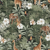 "Wall Blush's Tanzania (Green) Wallpaper in a stylish living space, featuring vibrant jungle and giraffe patterns."