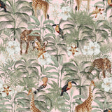 Alt: "Wall Blush's Tanzania (Pink) Wallpaper featuring exotic animals in a lush setting, ideal for a vibrant living room focal wall."