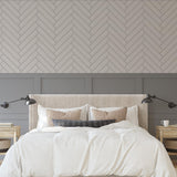 Stitch Wallpaper by Wall Blush in modern bedroom with elegant herringbone design focus.
