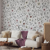 Scribe Wallpaper by Wall Blush SG02 accentuates modern living room design with its floral elegance.
