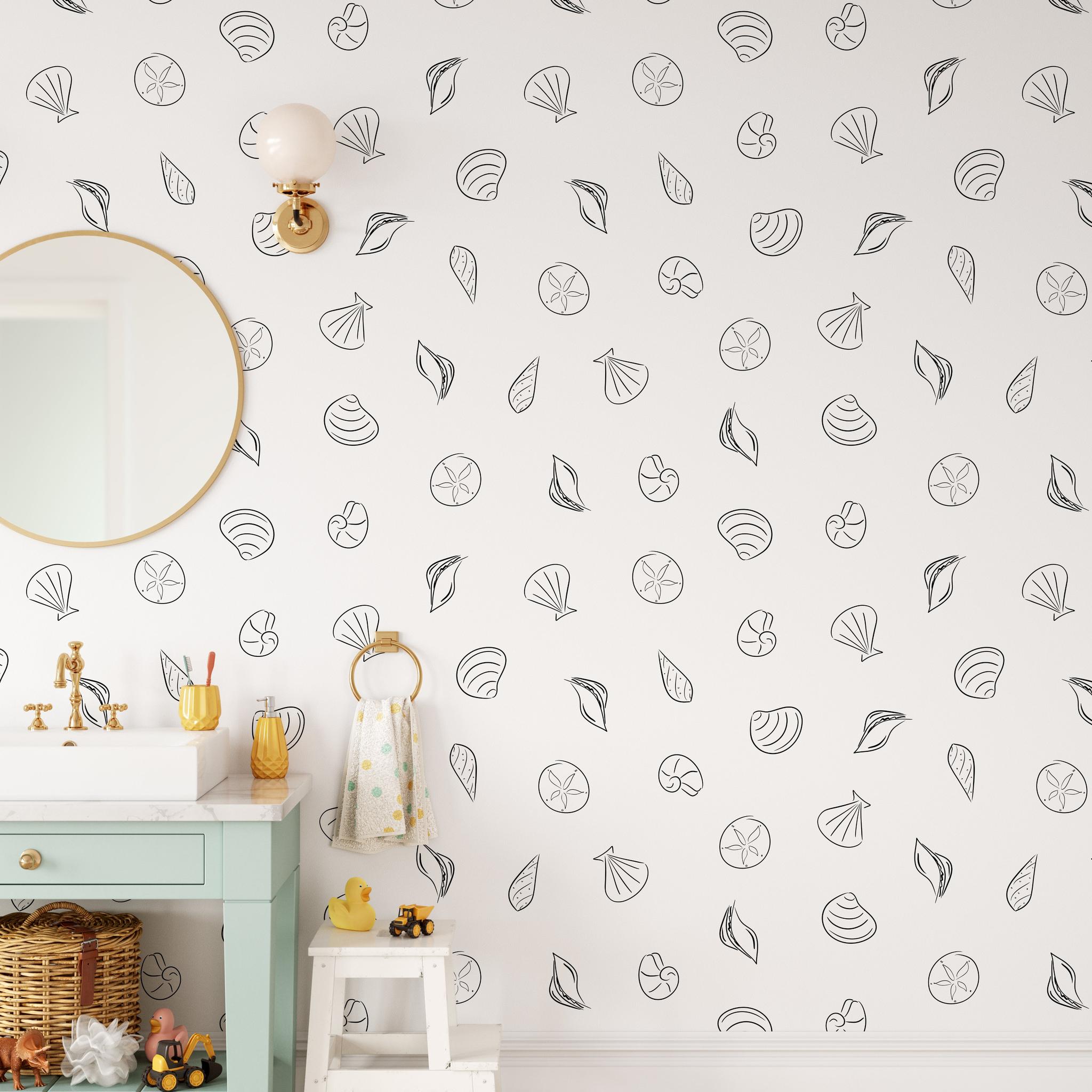 "Wall Blush's Seashore Wallpaper in a stylish bathroom focusing on the elegant wall patterns."