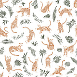 "Wall Blush 'RAWR (White) Wallpaper' with tiger and foliage pattern for a playful nursery room focus."