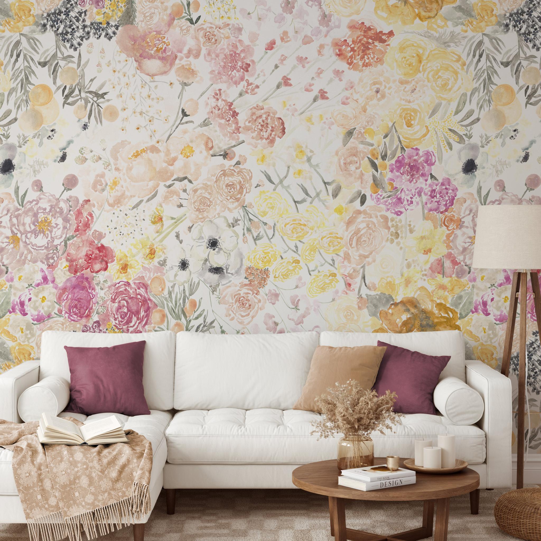 "Spring Fling Wallpaper by Wall Blush adorns living room with floral design, highlighting elegance and style."