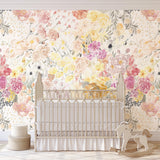 Alt: Elegant Spring Fling Wallpaper from The Salem Gideon Line in a cozy nursery room, showcasing vibrant floral patterns.
