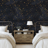 Le Petit Wallpaper by Wall Blush SG02 in a stylish bedroom with star-patterned focus wall
