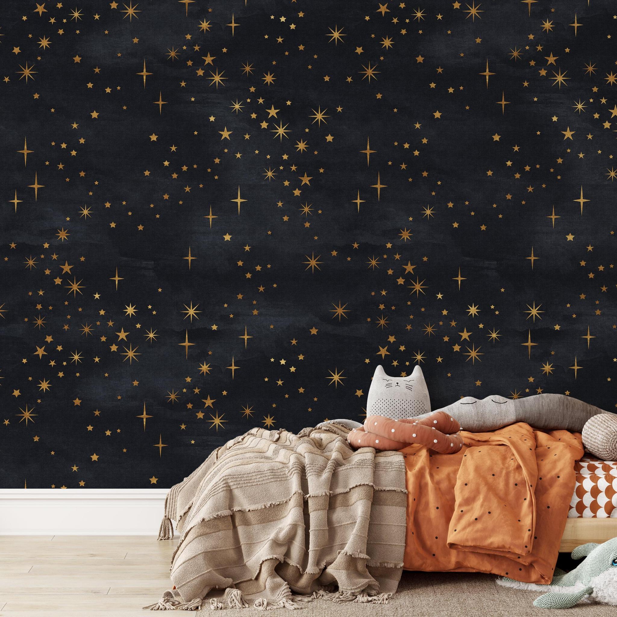 Le Petit Wallpaper by Wall Blush SG02 in a cozy children's room, highlighting the starry design focus.
