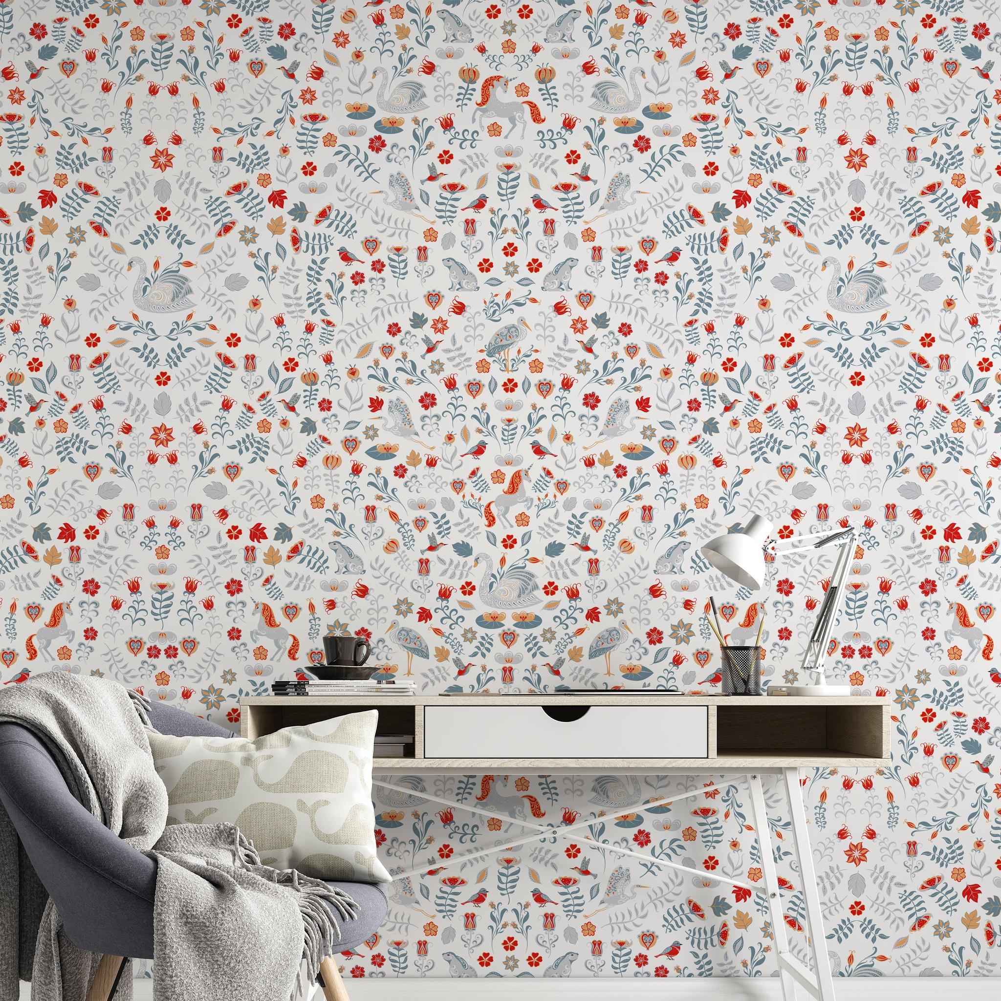 Storybook Wallpaper by Wall Blush SG02, featuring whimsical patterns in a cozy home office.
