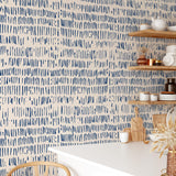 "Tally Wallpaper by Wall Blush in stylish kitchen, with focus on blue patterned design."