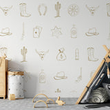 Child's room featuring Outlaw (Tan) Wallpaper by Wall Blush SG02 with whimsical Wild West motifs.
