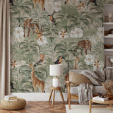 "Tanzania (Tan) Wallpaper by Wall Blush featured in a cozy living room setting, showcasing vibrant jungle design."