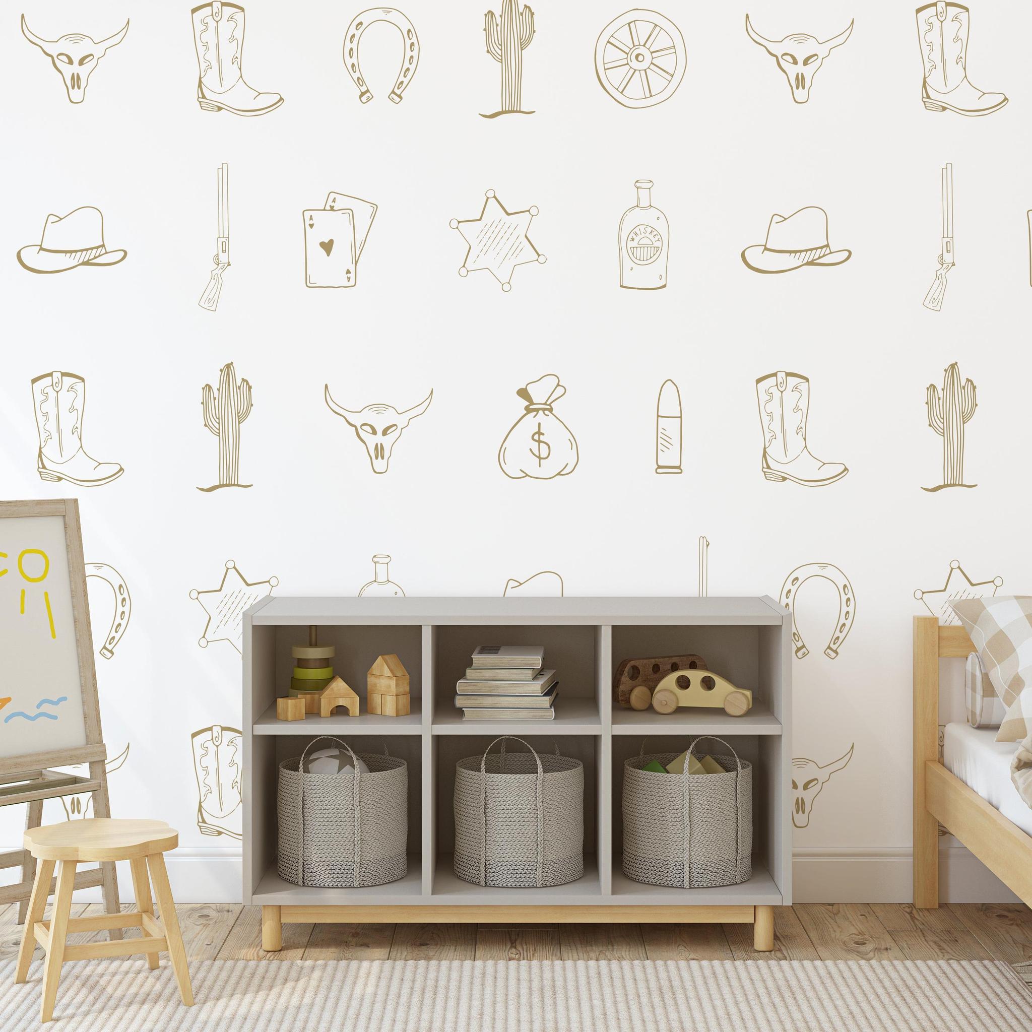 Wall Blush SG02 Outlaw (Tan) Wallpaper in a stylish child's bedroom showcasing a western theme.
