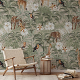 "Wall Blush Tanzania Tan Wallpaper in cozy reading nook with exotic animal prints."