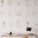 Outlaw (Tan) Wallpaper by Wall Blush SG02 in a stylish home office setup, highlighting the creative western design.

