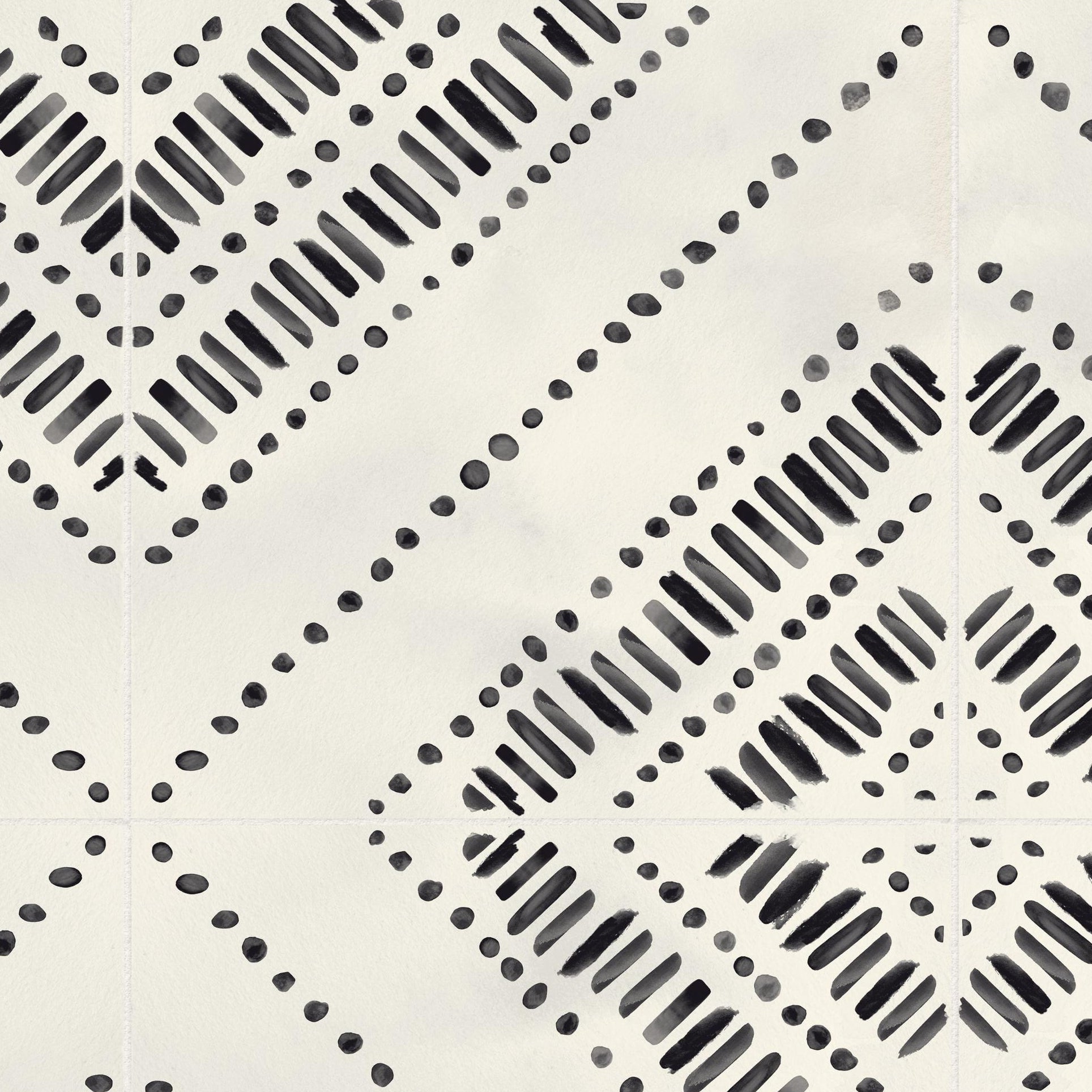 "Wall Blush Anomaly Wallpaper in a modern living room, featuring geometric black and white pattern focus"