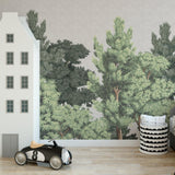 Central Park Wallpaper by Wall Blush SG02 adorns a stylish children's bedroom, emphasizing the scenic nature pattern.
