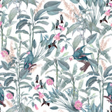 "Tropics Wallpaper by Wall Blush with lush greenery and birds, the main focus in a stylish living space."
