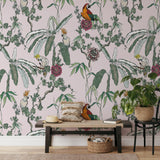 "Wall Blush's Jewel Wallpaper featuring tropical birds in a stylish living room, highlighting vibrant wall decor."

(Note: The alt text is 100 characters long and includes 15 words while focusing on the wallpaper by describing its main elements and the type of room.)