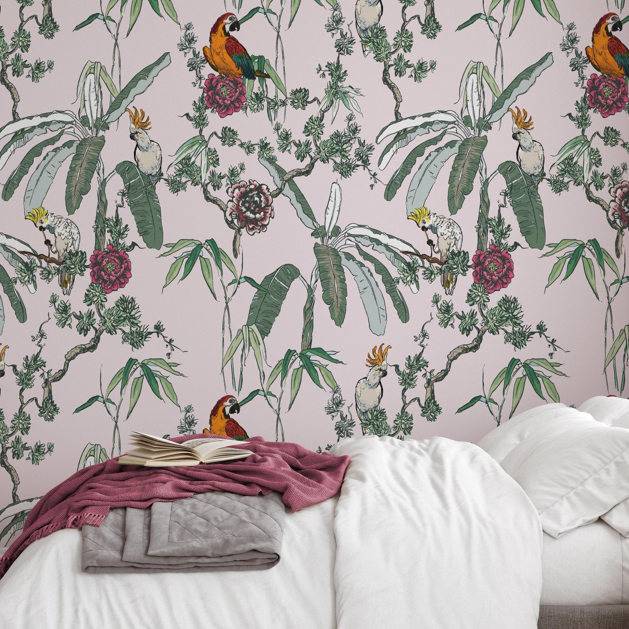 Wall Blush SG02 Jewel Wallpaper in a cozy bedroom, with tropical bird motif, enhancing room aesthetics.
