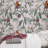 Wall Blush SG02 Jewel Wallpaper in a cozy bedroom, with tropical bird motif, enhancing room aesthetics.
