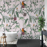 "Vibrant Wall Blush Jewel Wallpaper featuring exotic birds in a modern bathroom decor."