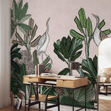 "Ardea Wallpaper by Wall Blush in stylish home office, focus on tropical bird design wall decor."