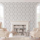 Navarro Wallpaper by The Tamra Judge Line in an elegant living room, highlighting the intricate pattern focus.
