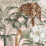 "Wall Blush Tanzania Pink Wallpaper featuring exotic wildlife in a vibrant bedroom setting, highlighting the wallpaper's detail and quality."