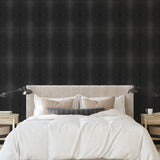 Victoria Wallpaper by The Chelsea DeBoer Line in a modern bedroom, highlighting elegant dark-textured wall decor.
