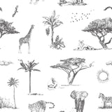 "Pride Lands Wallpaper by Wall Blush with safari animal illustrations, ideal for a themed kids' room decor."