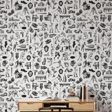 Letterman Black Wallpaper by Wall Blush SG02 in a modern home office, highlighting detailed wall decor.
