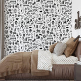 Modern bedroom showcasing Letterman (Black) Wallpaper by Wall Blush SG02, highlighting stylish wall decor.
