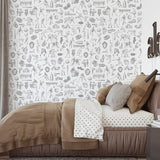 Modern bedroom featuring Letterman (Grey) Wallpaper by Wall Blush SG02, showcasing its stylish and bold design.
