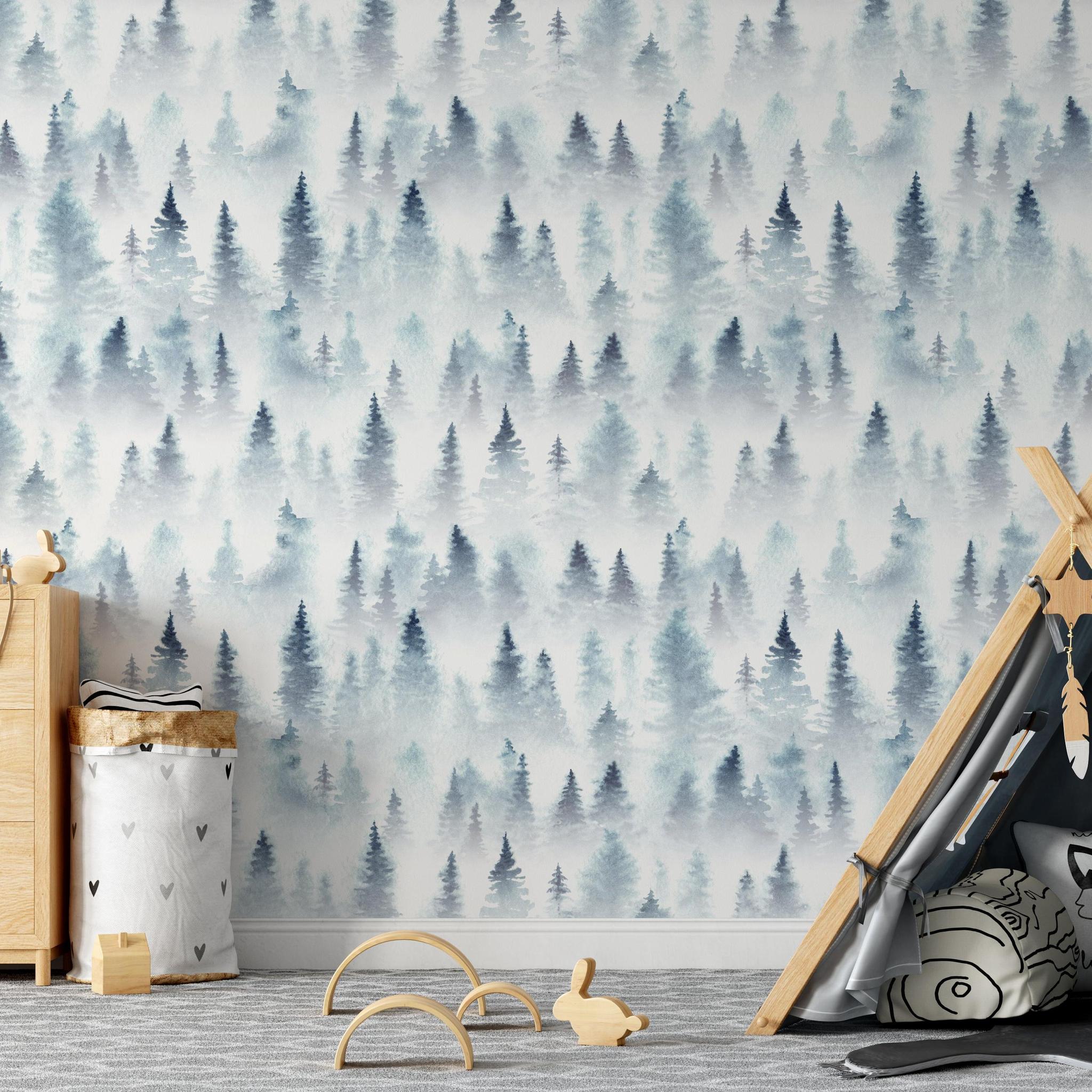 Wanderer Wallpaper by Wall Blush with a forest design in a stylish kids' room, highlighting cozy decor accents.
