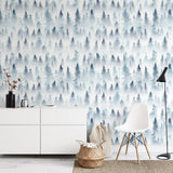 "Wanderer Wallpaper by Wall Blush in Scandinavian style living room, with white furniture accentuating the wall decor."