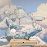 Moby's Dream Wallpaper by Wall Blush SG02 in a stylish home office, with a whimsical hot air balloon and whale design.
